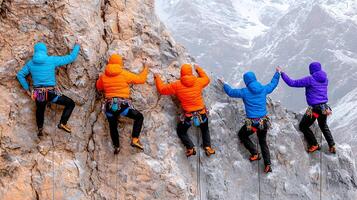 Climbers in colorful jackets ascend a rocky mountain, showcasing teamwork and adventure photo