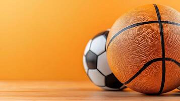 Close-up of a basketball and soccer ball resting on a wooden surface against an orange background photo
