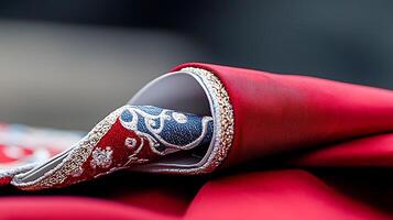 Close-up of a beautifully embroidered fabric with intricate patterns and vibrant colors photo