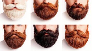 Close-up display of six distinct beard styles and colors on male models against a plain background photo