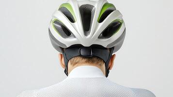 Close-up of a cyclist wearing a modern helmet, preparing for a ride in a minimalistic studio setting photo