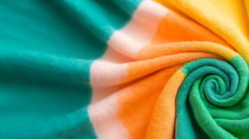 Close-up of a colorful, swirling fabric showcasing vibrant teal, orange, and yellow hues photo