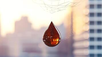 Close-up of a dew drop hanging from a spider web against a blurred city skyline at sunrise photo