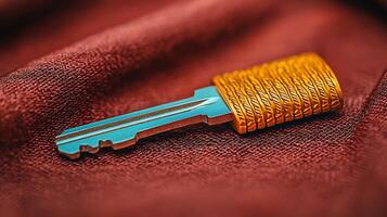 Close-up of a decorative key resting on a rich, textured fabric background, emphasizing craftsmanship photo