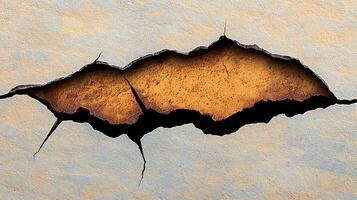 Close-up of a cracked surface revealing a warm, textured interior, set against a cool backdrop photo