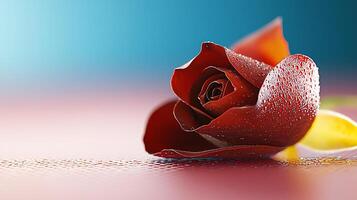 Close-up of a dewy red rose on a colorful background, showcasing nature's beauty and freshness photo