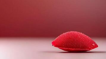 Close-up of a dewy red object resembling a football on a smooth surface with a blurred background photo