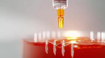 Close-up of a dropper dispensing liquid into a shiny surface, illuminated background creates a soft glow photo