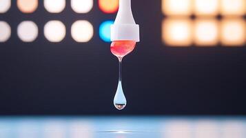 Close-up of a droplet forming from a pipette against a blurred colorful background photo