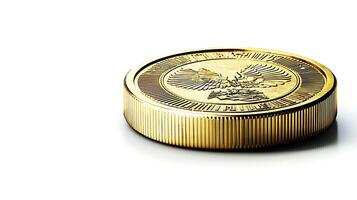 Close-up of a gleaming gold coin showcasing intricate design against a white backdrop photo