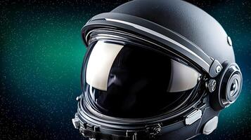 Close-up of a futuristic astronaut helmet against a cosmic starry background, showcasing advanced technology photo