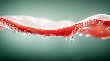 Close-up of a fresh slice of meat dripping with water on a soft gradient background photo