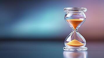 Close-up of a glass hourglass with orange sand against a colorful blurred background photo