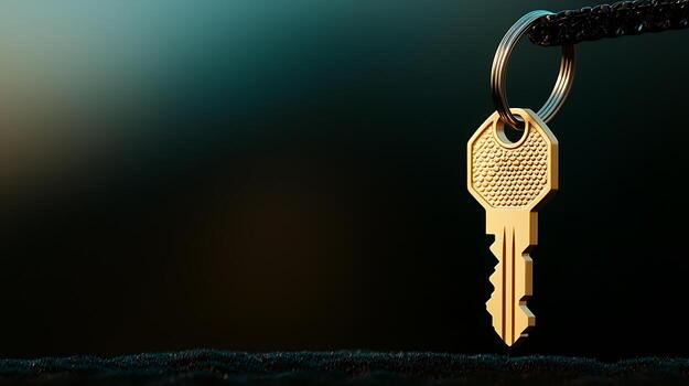 Close-up of a golden key hanging on a string against a blurred background, symbolizing security photo