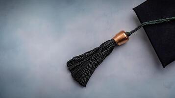 Close-up of a graduation cap tassel with a copper end against a soft blue background photo