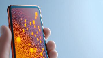 Close-up of a hand holding a smartphone displaying vibrant abstract patterns against a soft background photo