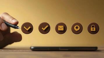 Close-up of a hand holding a pen above wooden icons representing tasks and communication on a smartphone photo