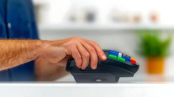 Close-up of a hand using a payment terminal in a bright retail environment with blurred background photo
