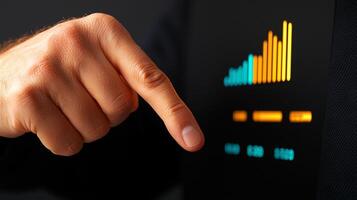 Close-up of a hand pointing at a digital screen displaying colorful data graphs in a dark setting photo