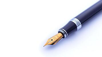 Close-up of a luxurious fountain pen with a gleaming gold nib against a soft white background photo