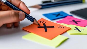 Close-up of a hand writing on sticky notes with colorful background and stationery items nearby photo