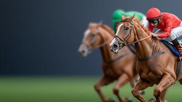 Close-up of a horse race with jockeys in vibrant colors competing on a blurred green track photo