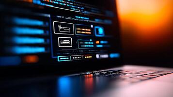 Close-up of a laptop displaying vibrant data analysis graphics at sunset, showcasing technology use photo