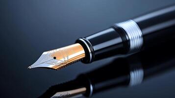 Close-up of a luxurious fountain pen with intricate nib design, reflecting light on a dark surface photo
