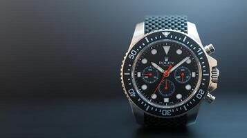 Close-up of a luxury diving watch with a black dial and red accents on a sleek background photo