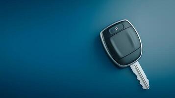 Close-up of a modern car key fob resting on a smooth blue surface, highlighting its design and functionality photo