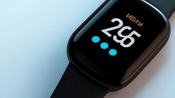 Close-up of a modern fitness smartwatch displaying step count against a soft blue background photo