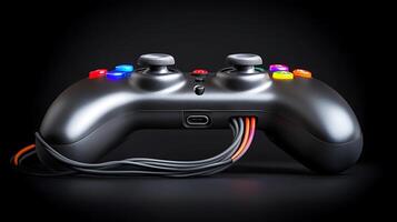 Close-up of a modern gaming controller with colorful buttons and visible cables on a dark background photo