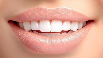 Close-up of a perfect smile showcasing bright white teeth and soft pink lips against a neutral background photo