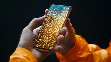 Close-up of a person holding a smartphone displaying a shimmering golden reflection in rain photo