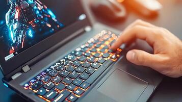 Close-up of a person using a laptop with a vibrant screen displaying futuristic graphics photo
