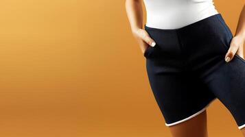 Close-up of a person in stylish shorts against a warm orange background, highlighting fashion photo