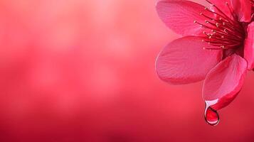 Close-up of a pink flower with a water droplet hanging, set against a soft pink background photo