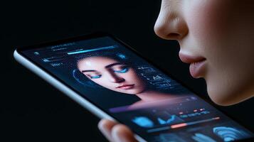 Close-up of a person using a smartphone displaying a digital avatar with analytics in a dark setting photo
