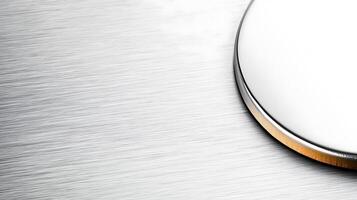 Close-up of a polished metallic surface with a circular edge reflecting light, emphasizing texture photo