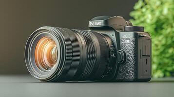 Close-up of a professional camera with a large lens on a sleek surface, surrounded by greenery photo