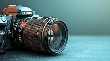 Close-up of a professional camera with a detailed lens on a textured surface, showcasing its features photo