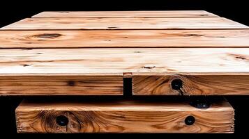 Close-up of a rustic wooden table showcasing natural grain patterns and textures, with a dark background photo