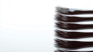 Close-up of a row of sleek black forks against a minimalist white background, ideal for culinary themes photo