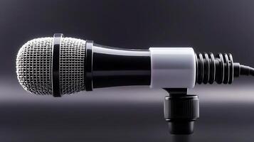 Close-up of a professional microphone against a dark background, emphasizing sound quality and design photo