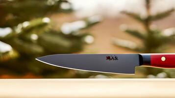 Close-up of a sharp kitchen knife resting on a wooden surface with blurred greenery in the background photo
