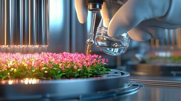 Close-up of a scientist's hand using a dropper to nurture vibrant pink flowers in a lab setting photo