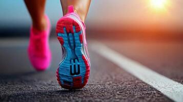 Close-up of a runner's vibrant sneakers on a sunlit road during a morning jog photo