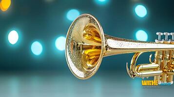 Close-up of a shiny trumpet bell with soft bokeh lights in the background, creating a musical ambiance photo
