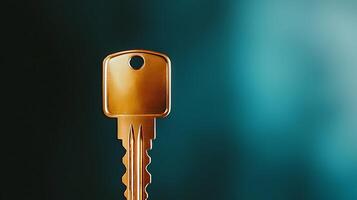 Close-up of a shiny golden key with a blurred blue background, symbolizing access and security photo