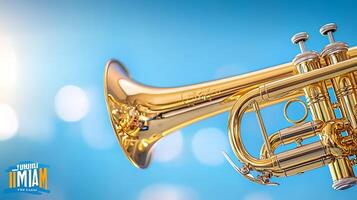 Close-up of a shiny trumpet against a bright blue background with soft bokeh effects photo
